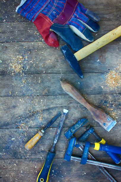 istock A set of woodwork tools on the wooden background 694184222