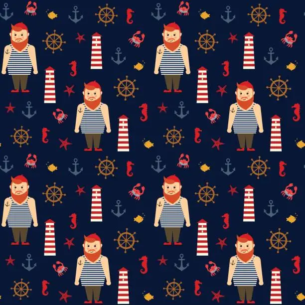 Vector illustration of Navy vector seamless sea pattern: bearded sailor, lighthouse, anchor and seahorse.