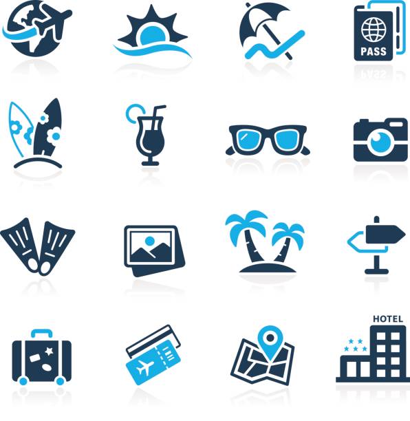 ilustraciones, imágenes clip art, dibujos animados e iconos de stock de vacaciones de verano los iconos / / azul serie - lugar turístico