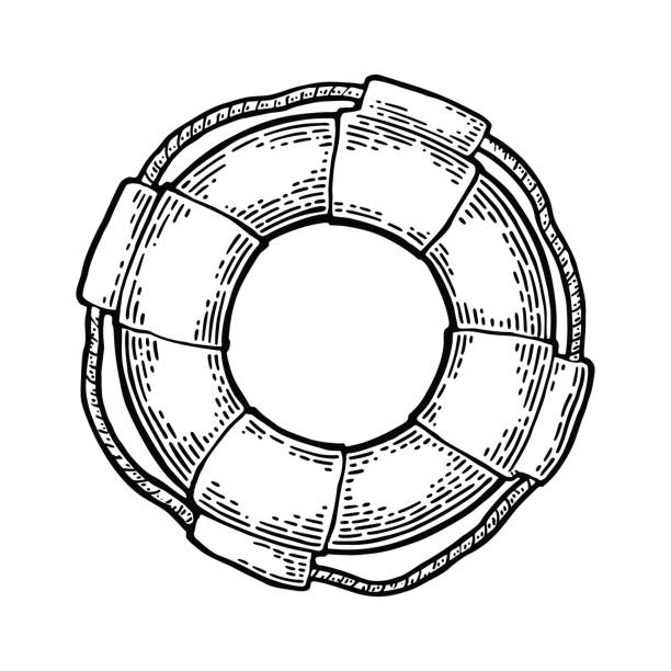 Lifebuoy with rope isolated on white background. Vector vintage engraving illustration for tattoo, web and label. Hand drawn in a graphic style.