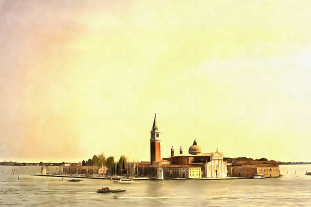 Colorful painting of Church of San Giorgio Maggiore Colorful painting of Church of San Giorgio Maggiore, Venice, Veneto, Itlaly san giorgio maggiore stock pictures, royalty-free photos & images