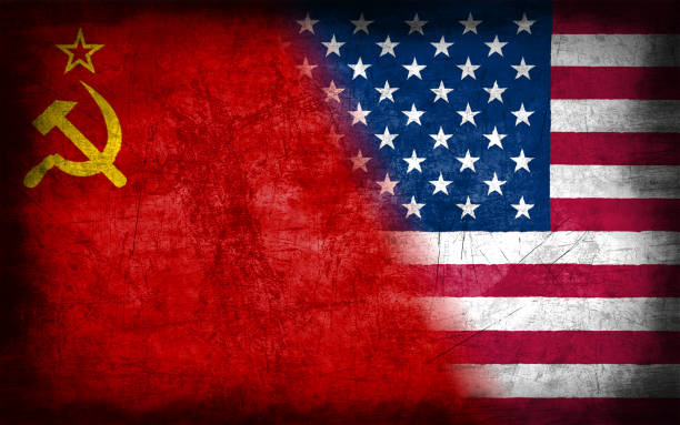 istock Soviet Union and USA flag with grunge metal texture 694205076