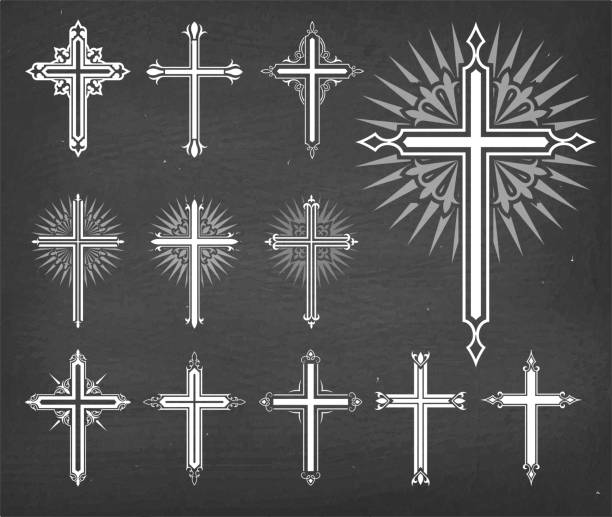 illustrazioni stock, clip art, cartoni animati e icone di tendenza di vettore croci religiose christaiane impostato sulla lavagna nera - cross ornate catholicism cross shape