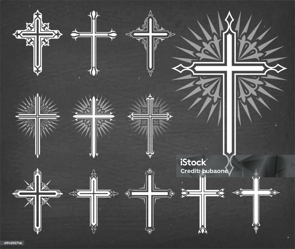 Christaian Religious Crosses Vector Set on Black Chalkboard Christaian Religious Crosses on Black Chalkboard. This royalty free vector illustration features a set of Christaian Religious Crosses in white color on a dark chalkboard. Each 100% vector design element can be used independently or as part of this royalty free graphic set. The blackboard has a slight texture. Religious Cross stock vector