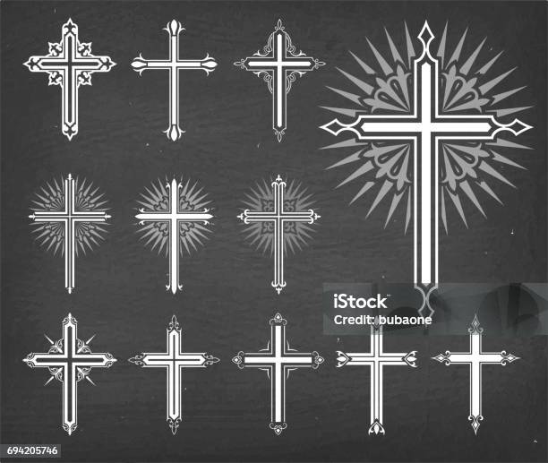 Christaian Religious Crosses Vector Set On Black Chalkboard Stock Illustration - Download Image Now