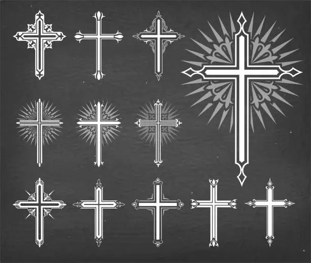 Vector illustration of Christaian Religious Crosses Vector Set on Black Chalkboard