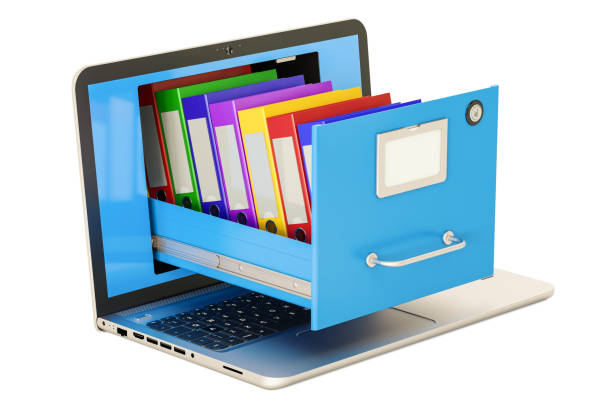istock Laptop data storage. Notebook with folders in filing cabinet, 3D rendering 694208252