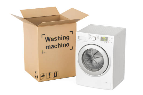 istock Unpacking the washing machine, 3D rendering isolated on white background 694208272
