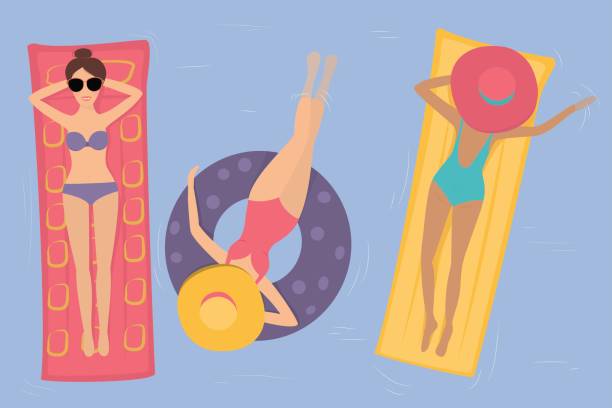 Women in hats swim in the pool. Women in hats and bikinis swimming in the pool on a rubber ring and a mattress. The view from the top polka dot bathing suit stock illustrations
