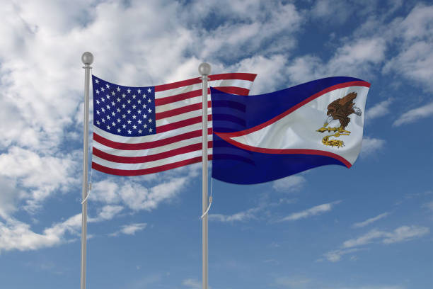 istock USA and American Samoa flag waving in the sky 694210184