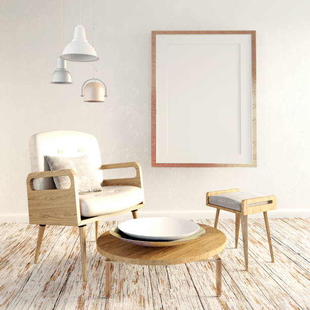 istock 3d illustration, modern interior with frame, poster and chair. poster mock up 694216850