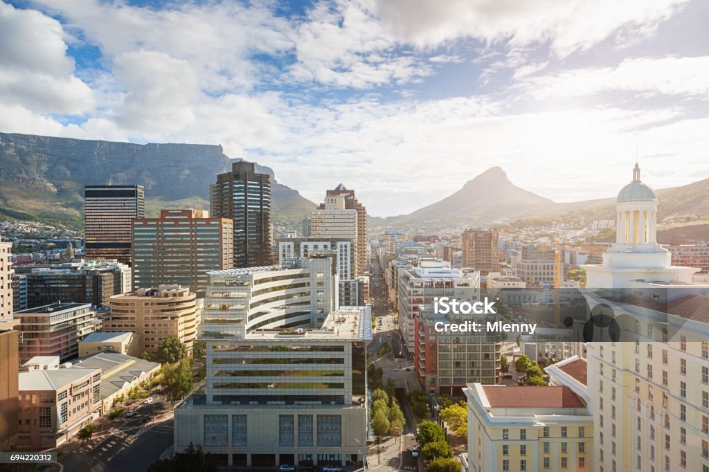 Cape Town City Downtown Business District South Africa Downtown Cape Town, business district with skyscrapers and highrise buildings, underneath famous Table Mountain at the left and Lion's Head at the right. Cape Town, South Africa Cape Town Stock Photo