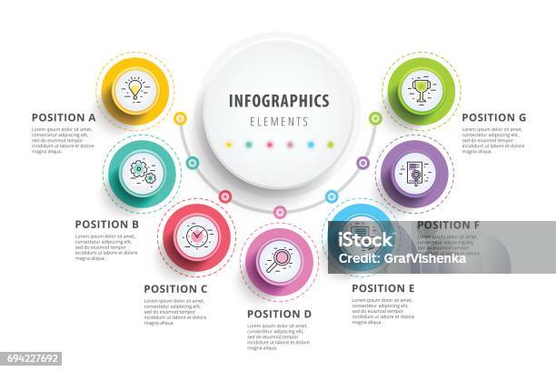 Business 7 Step Process Chart Infographics With Step Circles Circular Corporate Graphic Elements Company Presentation Slide Template Modern Vector Info Graphic Layout Design Stock Illustration - Download Image Now