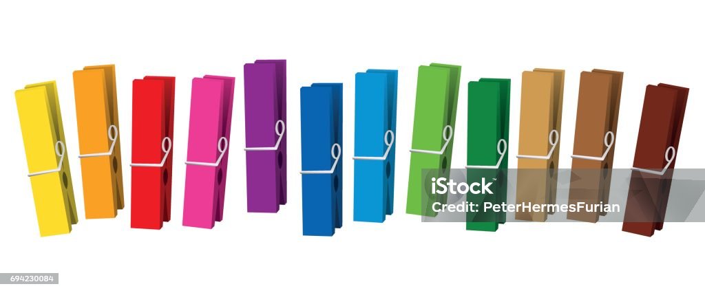 Clothes pegs - colored clothespins collection loosely arranged - isolated vector on white background. Clothespin stock vector