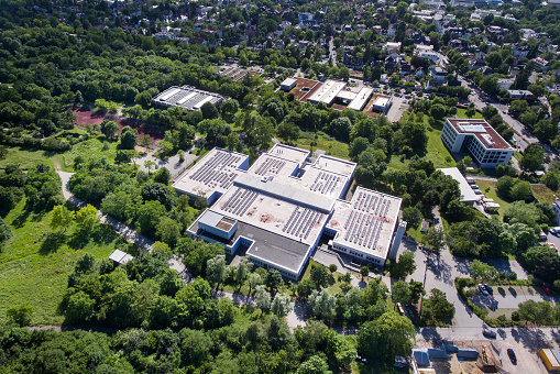 Aerial view of a large school building