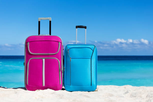 Two suitcases on sandy tropical beach stock photo