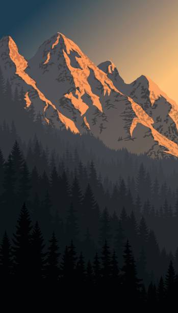 wektorowe wieczorne góry krajobraz - switzerland mountain glacier european alps stock illustrations