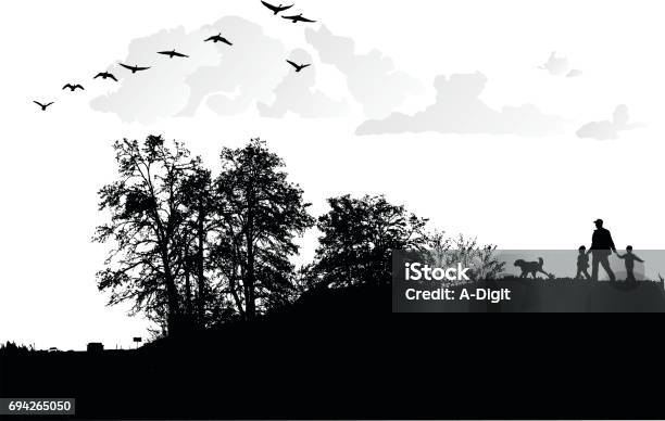 Morning Family Walk Stock Illustration - Download Image Now - Goose - Bird, Dog, Grass