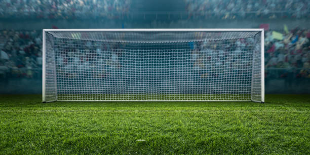 Soccer stadium with football gate Soccer stadium with football gate and bleachers full of people. Grass, gate and all other elements are made in 3D. scoring a goal stock pictures, royalty-free photos & images