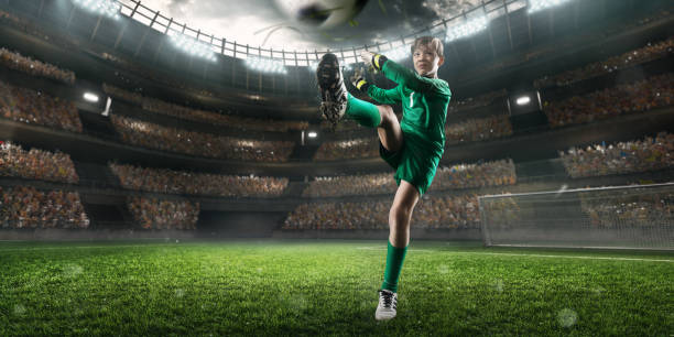 istock Soccer kids goalkeeper in action in 3D dramatic stadium 694271288
