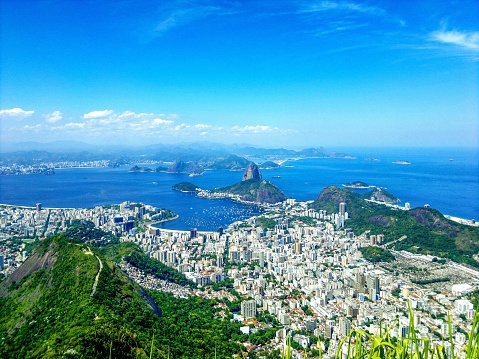 Rio de Janeiro, Brazil - March 14, 2014: View of the Pão Açucar or Sugar loaf mountain and the bay of Botafogo, Rio de Janeiro, Brazil