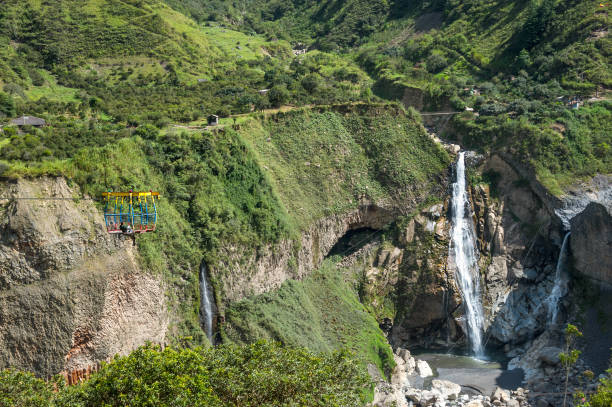 El Pailon del Diablo waterfall cascade and suspended bridge. Aerial view. Banos Santa Agua, Ecuador. South America.