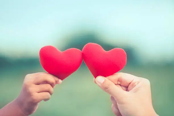 Photo of Mother and daughter holding red heart together in nature background