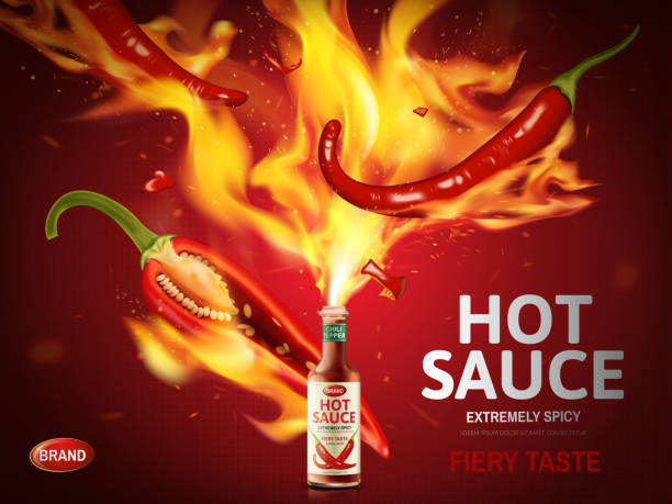 stockillustraties, clipart, cartoons en iconen met chili saus advertentie - chili fire