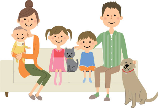 ilustrações, clipart, desenhos animados e ícones de família para relaxar no sofá - pets family dog asian ethnicity