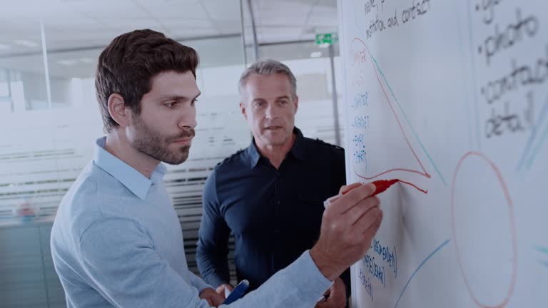 Caucasian man writing a diagram on the whiteboard and talking to his male coworker