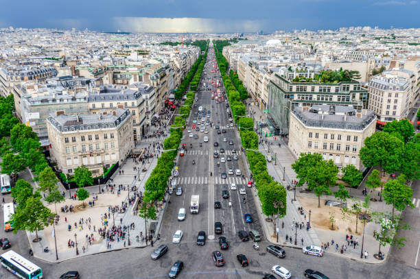 panoramablick auf den champs-elysees in paris, frankreich - paris france roof apartment aerial view stock-fotos und bilder