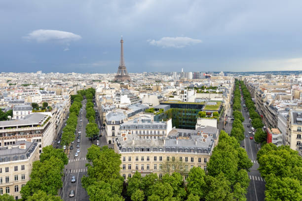 панорамный городской пейзаж парижа, франция - paris france roof apartment aerial view стоковые фото и изображения