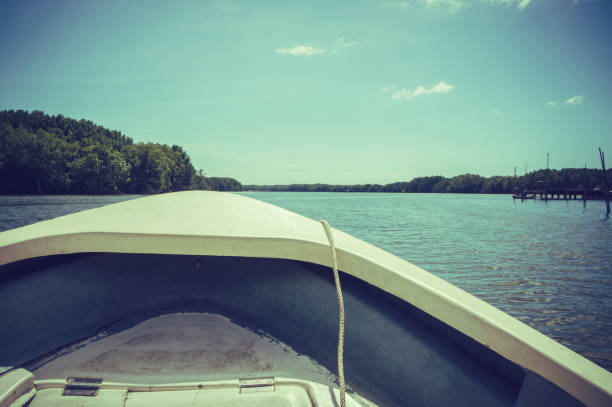 Traveling in the river with small boat, summer day. View form front of a boat on a tranquil lake with shoreline area, over blurred background because of the movement. Vignette and cross process style.