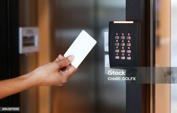 Door Access Control Young Woman Holding A Key Card To Lock And Unlock Door Stock Photo - Download Image Now