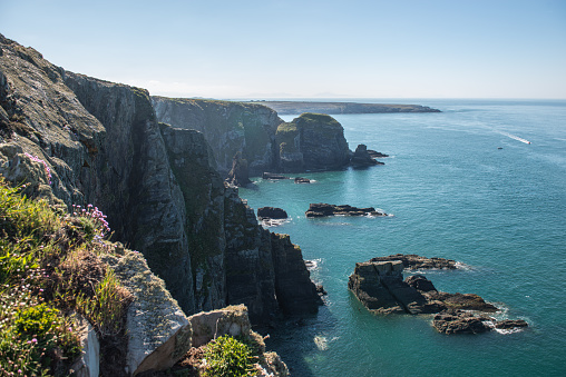 The panoramic view of rocky cliff along the coastal of Holyhead in Wales.