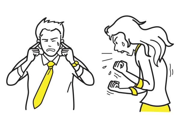 Furious business partner Vector illustration character of angry and furious businesswoman shouting, screaming and yelling to her male parter, businessman who put fingers into ears. Sketch, draw, doodle, design. office buddies stock illustrations