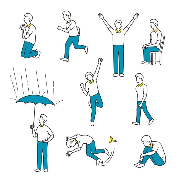 Man in action Vector illustration character of man in various action or activities, walking, running, raising hands, sitting, jumping, happy, accident, slide banana leaf, sad, holding umbrella, praying. Line, outline, sketch, draw, doodle style. banana seat stock illustrations