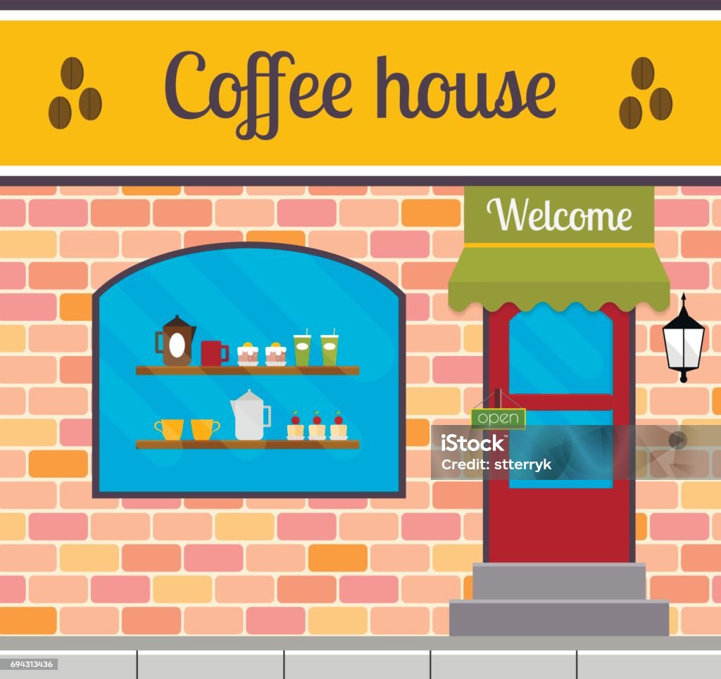 Display Window Cafe Vector Coffee House Front Or Facade In Flat Style Cafe With Window Display ...