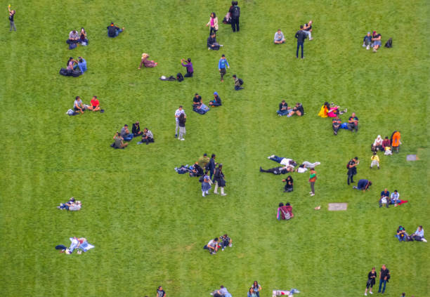 istock Aerial view crowd of people in park 694323050