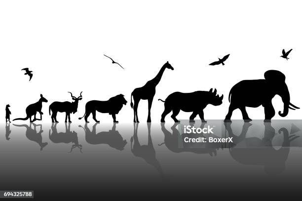 Silhouettes Of Wild Animals With Reflections Background Vector Illustration Stock Illustration - Download Image Now