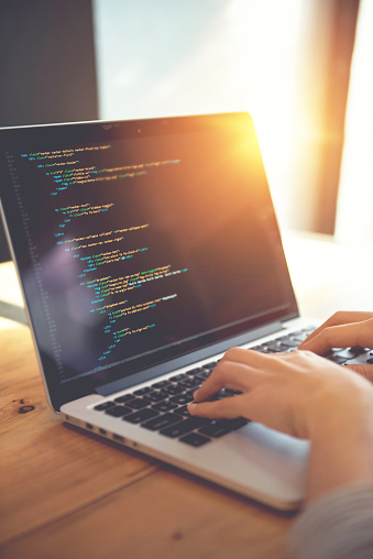 Woman hands coding html and programming on screen laptop, development web, developer.