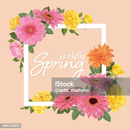 istock Decorative vintage gerbera with roses and leaves in white frame 694333614