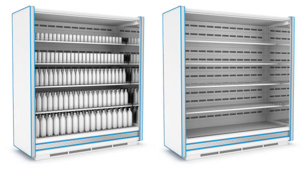 istock Vertical refrigerator for supermarket. Empty and with bottles and jars 694336166