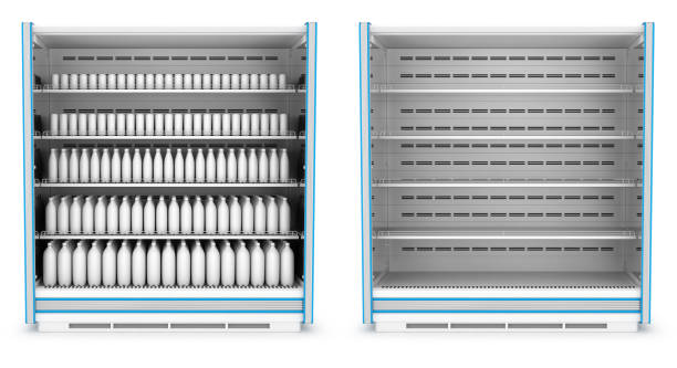 Vertical refrigerator for supermarket. Empty and with bottles and jars