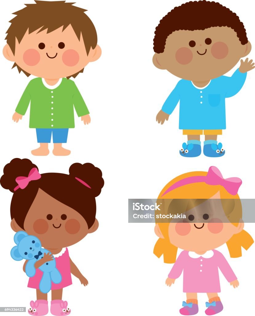 Children in pajamas Happy diverse group of girls and boys in their pajamas. Vector illustration Child stock vector