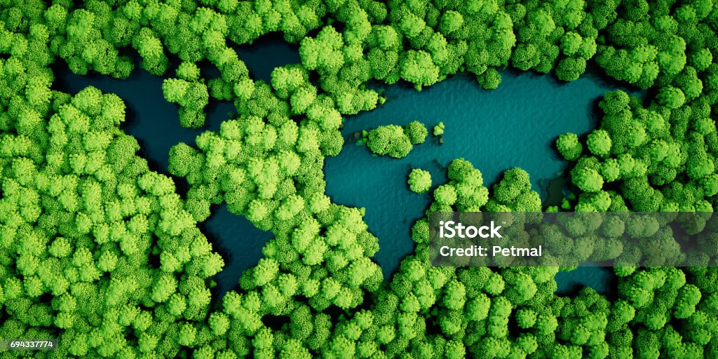 Rainforest lakes in the shape of world continents. Environmentally friendly sustainable development concept. 3D illustration. Sustainable Resources Stock Photo