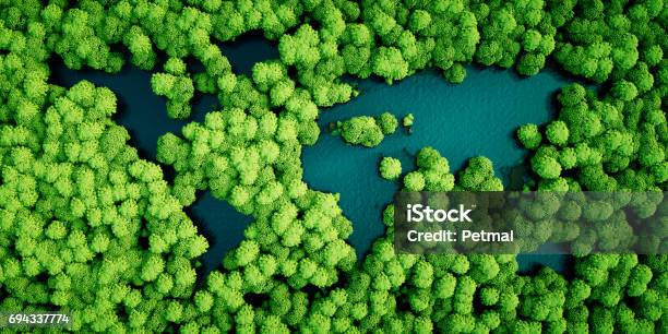 Rainforest Lakes In The Shape Of World Continents Environmentally Friendly Sustainable Development Concept 3d Illustration Stock Photo - Download Image Now