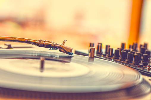 Vinyl record player close up