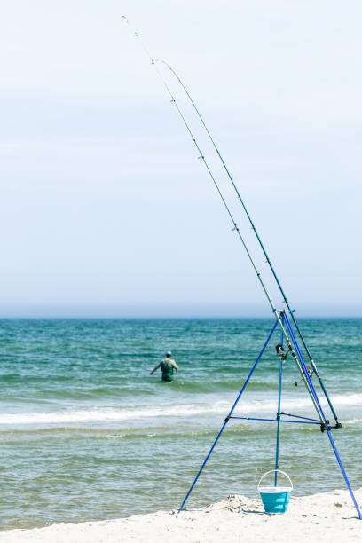 istock Fishing rod left alone on sea shore 694344834