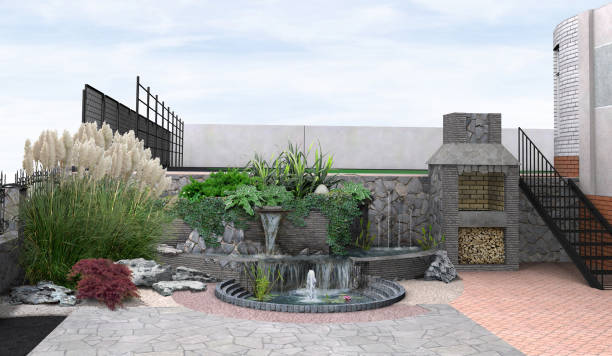 exemple de multi niveau aménagement paysager, rendu 3d - landscaped retaining wall wall stone photos et images de collection